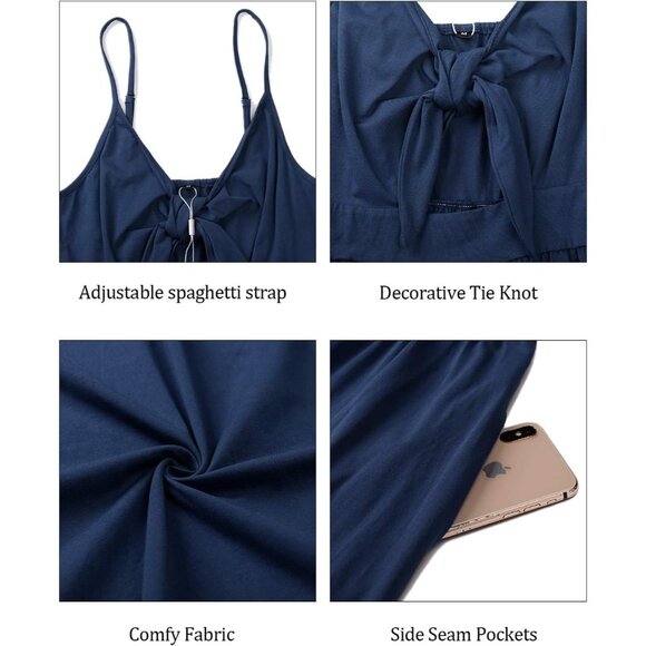 🆕Women Navy Floral Beach Sundress V Neck Cotton Tie Knot Summer Dress w/ Pocket - Picture 5 of 6